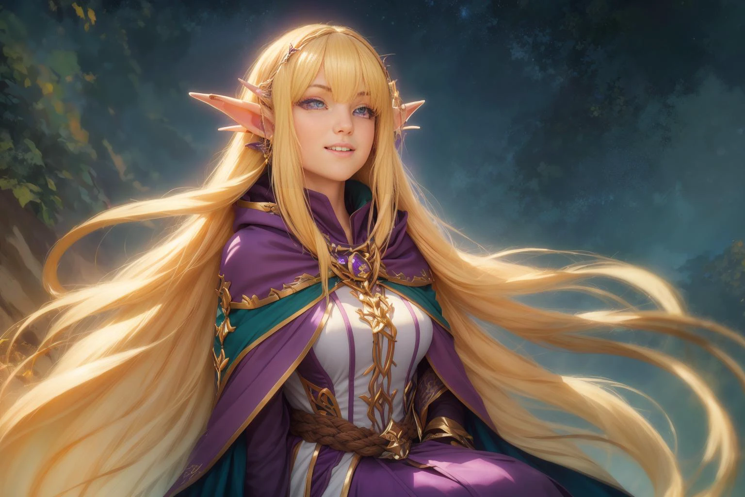 realistic analog photo, award winning photo,
<lora:NinaAslato:0.5> NinaAslato, 1girl, elf, pointy ears, fierce grin, blonde hair, long hair, purple eyes,   
 <lora:FantasyDruid:0.75> FanDru, deep purple robes, rope lace, earthtoned hooded cape,  
accompaniedby a playful animal fox in her lap,
RAW, highres, 8k, uhd, High Dynamic Range, tonemapping, crisp details,