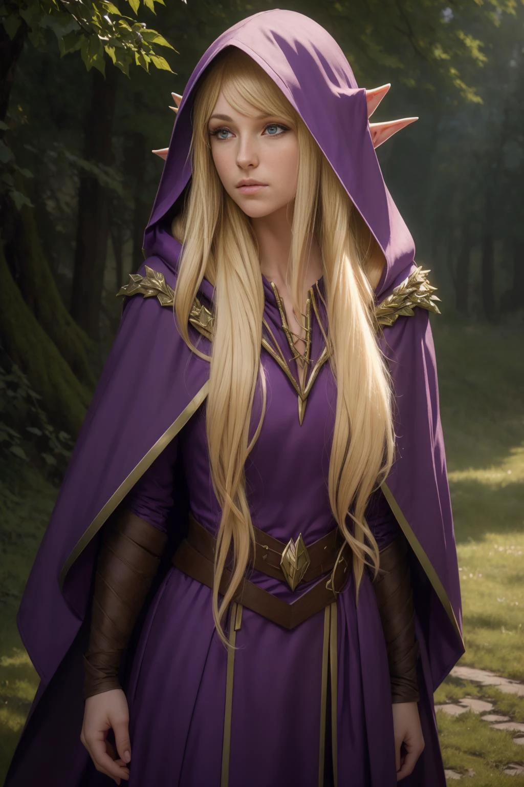 realistic analog photo, award winning photo,
<lora:NinaAslato:0.5> NinaAslato, 1girl, elf, pointy ears, blonde hair, long hair, purple eyes,
<lora:FantasyDruid:0.75> FanDru, deep purple robes, rope lace, earthen hooded cape, ,
RAW, highres, 8k, uhd, High Dynamic Range, tonemapping, crisp details,