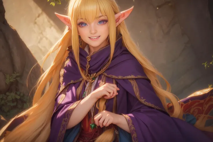 realistic analog photo, award winning photo,
<lora:NinaAslato:0.5> NinaAslato, 1girl, elf, pointy ears, fierce grin, blonde hair, long hair, purple eyes,   
 <lora:FantasyDruid:0.75> FanDru, deep purple robes, rope lace, earthtoned hooded cape,  
accompaniedby a playful animal fox in her lap,
RAW, highres, 8k, uhd, High Dynamic Range, tonemapping, crisp details,