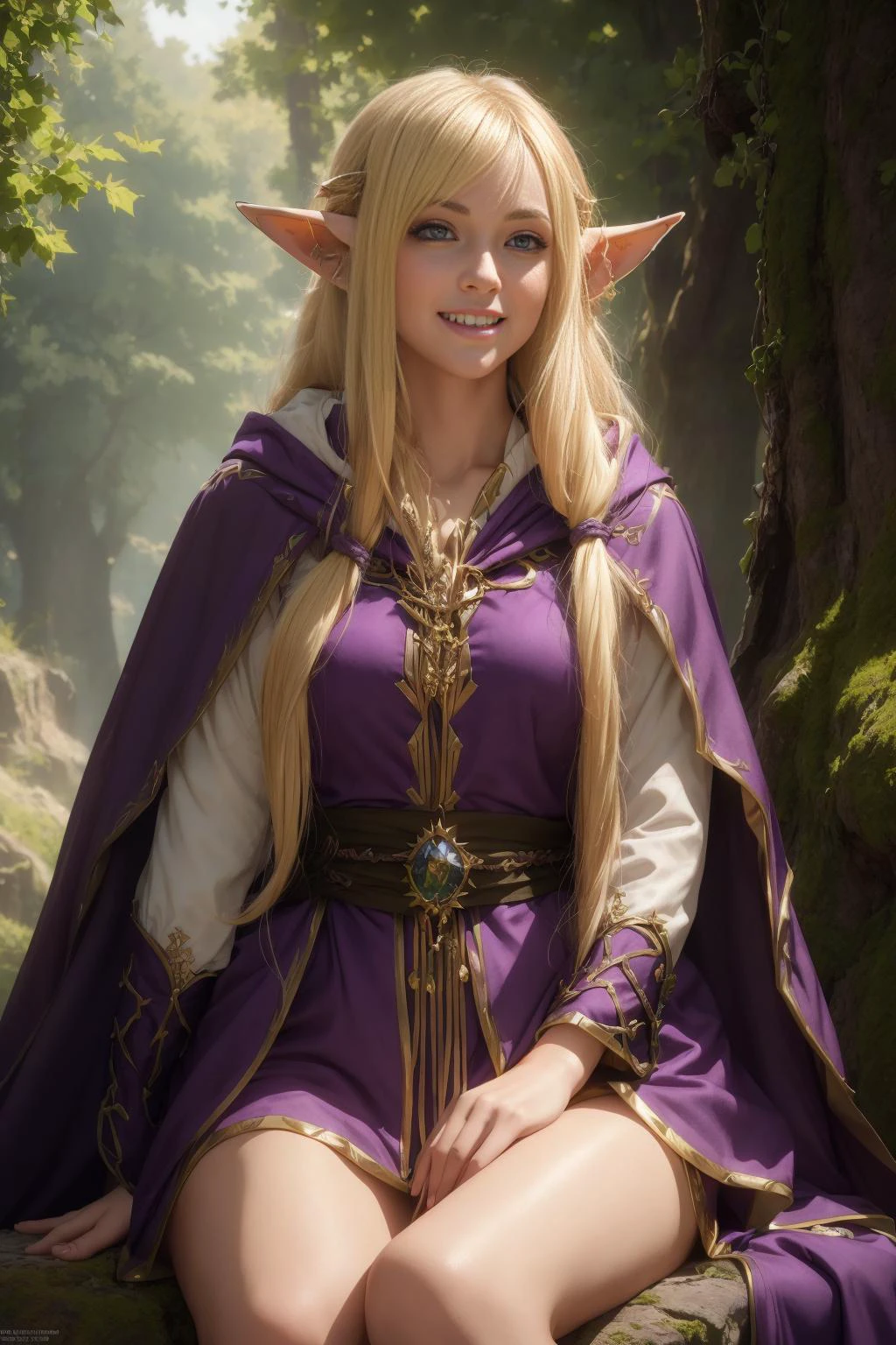 realistic analog photo, award winning photo,
<lora:NinaAslato:0.5> NinaAslato, 1girl, elf, pointy ears, fierce grin, blonde hair, long hair, purple eyes,
<lora:FantasyDruid:0.75> FanDru, deep purple robes, rope lace, earthtoned hooded cape,
accompaniedby a playful animal fox in her lap,
RAW, highres, 8k, uhd, High Dynamic Range, tonemapping, crisp details,