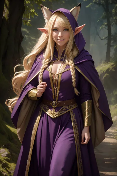 realistic analog photo, award winning photo,
<lora:NinaAslato:0.5> NinaAslato, 1girl, elf, pointy ears, fierce grin, blonde hair, long hair, purple eyes,
<lora:FantasyDruid:0.75> FanDru, deep purple robes, rope lace, earthtoned hooded cape,
accompaniedby a playful fox,
RAW, highres, 8k, uhd, High Dynamic Range, tonemapping, crisp details,