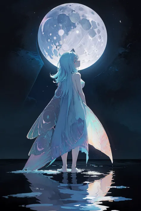(moist paper,deep watercolor style,comfort,pastel painting illustration,concise,watercolor rendering,natural rendering,pigments mix naturally:1.3),
(black theme,night sky theme,:1.3),(moon:1.3),(glowing body, glowing scales, moon reflection reflected in eyes, looking up at the moon ,:1.3),
<lora:mothPeople-08:0.8> (moth woman,naked,from behind:1.4)