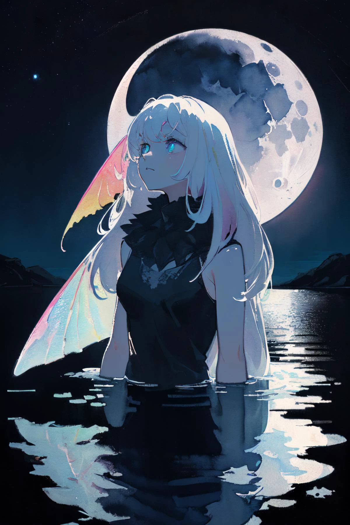 (moist paper,deep watercolor style,comfort,pastel painting illustration,concise,watercolor rendering,natural rendering,pigments mix naturally:1.3),
(black theme,night sky theme,:1.3),(moon:1.3),(glowing body, glowing scales, moon reflection reflected in eyes, looking up at the moon ,:1.3),
<lora:mothPeople-08:0.8> (moth woman:1.4)