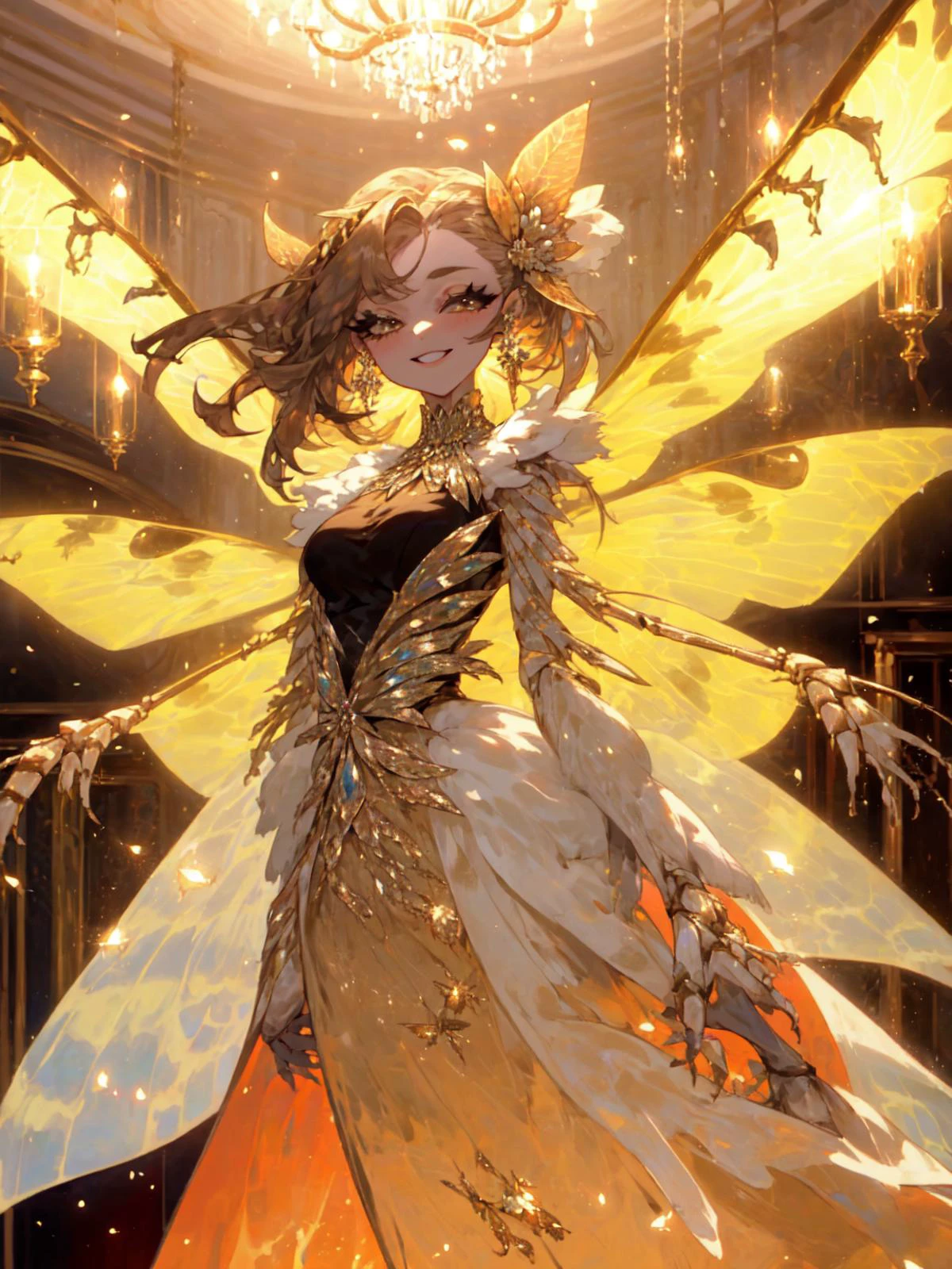 best quality,<lora:add_detail:0.3>, (1girl, solo, adult female, mature female), <lora:concept_goodHands:1>, <lora:detailed_eyes:1>,
<lora:concept_mothGirl_(moth woman--insect wings--antennae--extra arms):1>, moth woman, insect wings, (antennae:1.2, extra arms:1.3, mechanical arms), (insect joints:1.5, chitin:1.3),
Hair Brown gown, ornate gown, smile, (chandelier background), jewelry, hair flower, makeup, mascara,