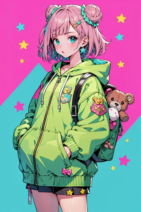 <lora:é¢å®:0.9>,mn,1girl,double bun,hair bun,stuffed animal,stuffed toy,hair ornament,hood,backpack,teddy bear,bag,solo,hand in pocket,pink hair,food,hairclip,green eyes,cowboy shot,short hair,candy,looking at viewer,jacket,hood down,lollipop,star \(symbol\),long sleeves,bangs,hooded jacket,earrings,jewelry,green background,hoodie,aqua background,blush,charm \(object\),