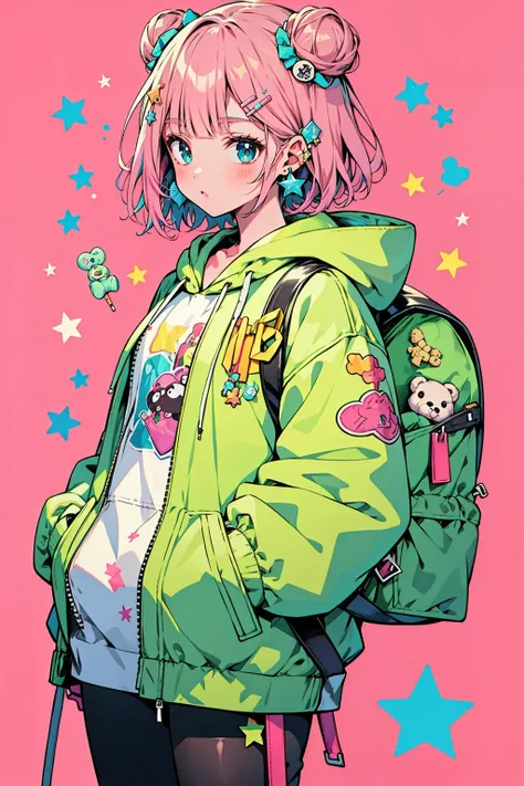 <lora:é¢å®:0.9>,mn,1girl,double bun,hair bun,stuffed animal,stuffed toy,hair ornament,hood,backpack,teddy bear,bag,solo,hand in pocket,pink hair,food,hairclip,green eyes,cowboy shot,short hair,candy,looking at viewer,jacket,hood down,lollipop,star \(symbol\),long sleeves,bangs,hooded jacket,earrings,jewelry,green background,hoodie,aqua background,blush,charm \(object\),