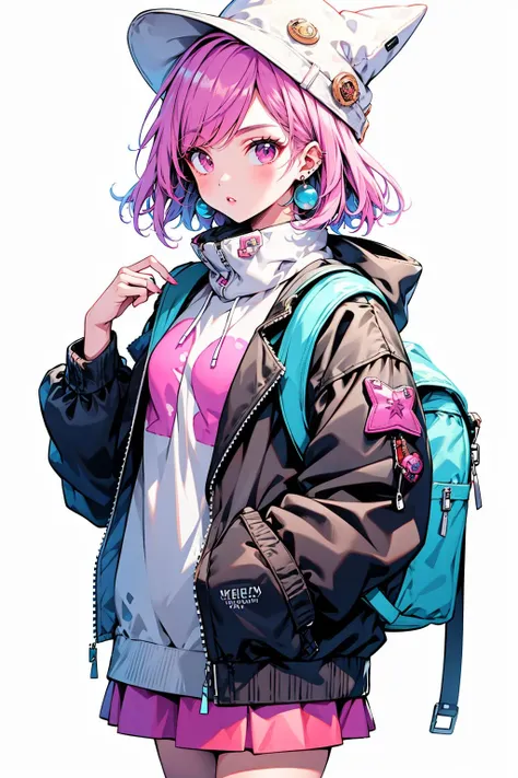 <lora:é¢å®:0.9>,mn,1girl,jacket,bag,hat,pink eyes,pink hair,backpack,skirt,white background,
