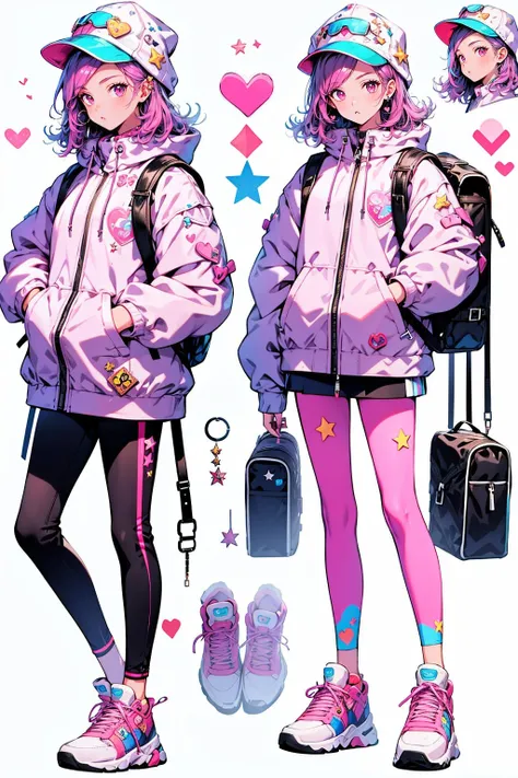 <lora:é¢å®:0.9>,mn,1girl,jacket,bag,hat,pink eyes,pink hair,backpack,skirt,white background,shoes,looking at viewer,medium hair,star \(symbol\),long sleeves,hood,multiple views,simple background,shirt,pants,pink footwear,heart,sneakers,full body,belt,long hair,hand in pocket,