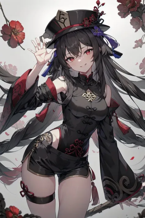 1girl, bangs, black_hair, black_headwear, black_shorts, flower, hand_up, hat, hu_tao_\(genshin_impact\), long_hair, long_sleeves, looking_at_viewer, red_eyes, shorts, smile, solo, tassel, very_long_hair, waving, wide_sleeves
<lora:scottie_style (1):1.1> scottie_style,