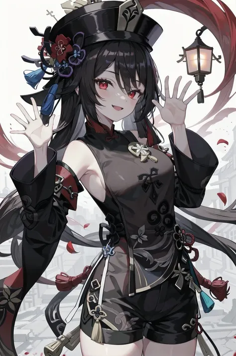 1girl, bangs, black_hair, black_headwear, black_shorts, flower, hand_up, hat, hu_tao_\(genshin_impact\), long_hair, long_sleeves, looking_at_viewer, red_eyes, shorts, smile, solo, tassel, very_long_hair, waving, wide_sleeveshigh quality, highres, masterpiece, <lora:scottie_style-000001:0.7> scottie_style