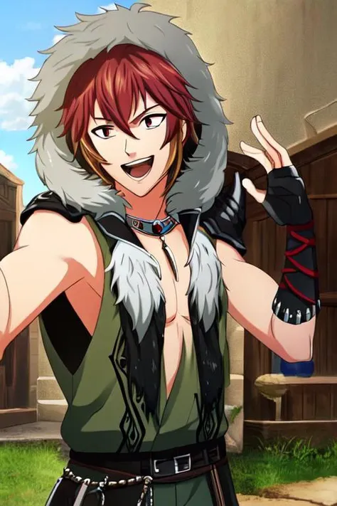 (masterpiece),(best_quality),1boy,Rasetsuten,single bare shoulder,fur-trimmed hood,shoulder armor,gauntlet,pectorals,smile,<lora:Rasetsuten:1>,