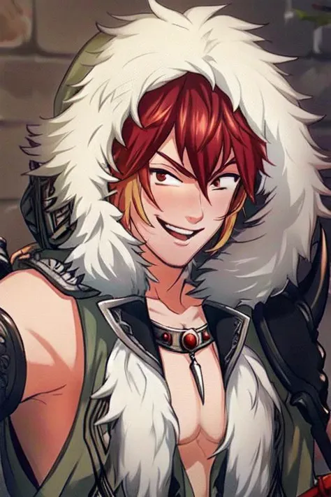 (masterpiece),(best_quality),1boy,Rasetsuten,single bare shoulder,fur-trimmed hood,shoulder armor,gauntlet,pectorals,smile,smirk,<lora:Rasetsuten:1>,