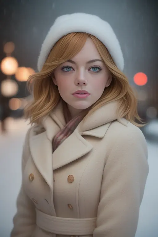 professional portrait photograph of a gorgeous (emmastone) in winter clothing with short wavy blonde hair, freckles, beautiful symmetrical face, cute natural makeup, wearing elegant winter fashion clothing, ((standing outside in snowy city street)), stunning modern urban upscale environment, ultra realistic, concept art, elegant, highly detailed, intricate, sharp focus, depth of field, f/1. 8, 85mm, medium shot, mid shot, (centered image composition), (professionally color graded), ((bright soft diffused light)), volumetric fog, trending on instagram, trending on tumblr, hdr 4k, 8k,  <lora:emmastone:0.9><lora:EmmaStone:1.0>