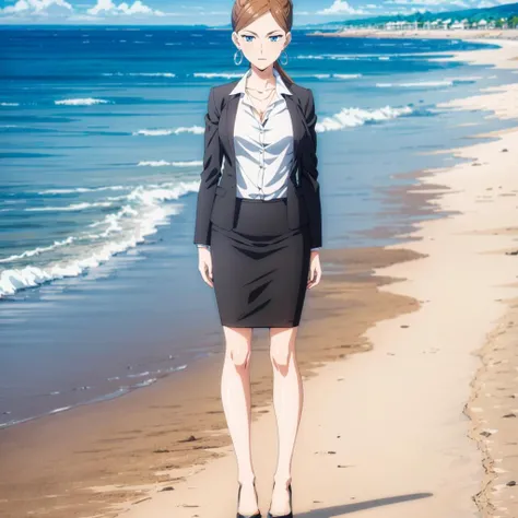 <lora:WISEEngineer002:0.7>,<lora:add_detail:0.7>,<lora:boldline:-0.3>,<lora:noline:0.3>,
WISEEngineer,1woman,solo,looking at viewer,
ponytail,brown hair,blue eyes,earrings,
office lady,
jacket,collared shirt,collarbone,
black skirt,
high heels,
ocean,beach,sunshine,
full body,standing,