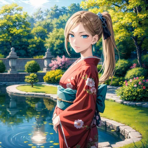 <lora:WISEEngineer002:0.7>,<lora:add_detail:1>,<lora:boldline:-0.8>,<lora:noline:0.3>,
WISEEngineer,1woman,solo,looking at viewer,
ponytail,brown hair,blue eyes,earrings,
kimono,japan garden,sunshine,pond,nature,