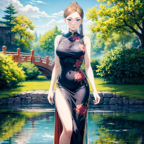 (Highest quality, 8k, 32K, masterpiece, Ultra-high resolution):1.2, Blurred Background, Great photo with beautiful saturation, Ultra-high resolution,(Realistic:1.4)),Deep Shadow,(Highest quality), ultra Realistic,32K,Highly detailed CG Unity, Expressive eyes, Perfect Face, Perfect Anatomy, Perfect body, scene, One Girl, Open your mouth, Middle-length hair with bangs, Provides moisture to the eye area, Textured skin, Highest quality, 8k, Blurred Background, smile, A woman with perfect style, (Colorful patterns(Red and blue embroidery)girl' China dress:1.2), look forward to, Looking into the camera,(I can see your chest),