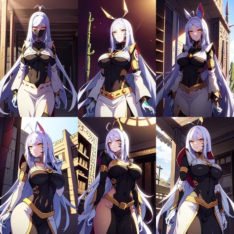gray hair, gray long hair, ((yellow eyes)), eye patch, (((muscular))), big breasts, happy, (tanned skin), ((black clothes)), sexy, Ghislaine Dedoldia of Mushoku Tensei, fur-trimmed jacket, green pants, open fly, open belt, bikini top only, red choker, cat ears