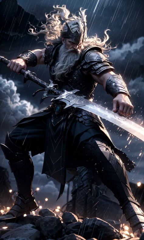 Epic CG masterpiece, "Odin" in battle armor came like a god The dancing long knife, charging forward battlefield, the burst meteor, the fierce battle of fighting with his life, God Odin raised his spear and looked down on all living beings in a rainy night, graphic tension, dynamic poses, stunning colors, 3D rendering, surrealism, cinematic lighting effects, realism, 00 renderer, super realistic, 8k, HD,
Light and dark contrast, high contrast
<lora:~Q?-YeN Odin:0.8>