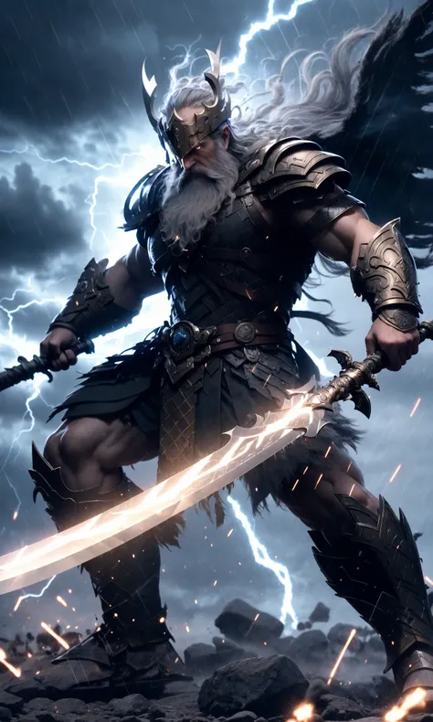 Epic CG masterpiece, "Odin" in battle armor came like a god The dancing long knife, charging forward battlefield, the burst meteor, the fierce battle of fighting with his life, God Odin raised his spear and looked down on all living beings in a rainy night, graphic tension, dynamic poses, stunning colors, 3D rendering, surrealism, cinematic lighting effects, realism, 00 renderer, super realistic, 8k, HD,
Light and dark contrast, high contrast
<lora:~Q?-YeN Odin:0.8>