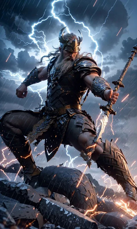 Epic CG masterpiece, "Odin" in battle armor came like a god The dancing long knife, charging forward battlefield, the burst meteor, the fierce battle of fighting with his life, God Odin raised his spear and looked down on all living beings in a rainy night, graphic tension, dynamic poses, stunning colors, 3D rendering, surrealism, cinematic lighting effects, realism, 00 renderer, super realistic, 8k, HD,
Light and dark contrast, high contrast
<lora:~Q?-YeN Odin:0.8>