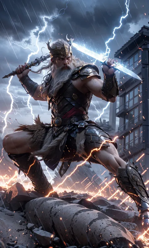 Epic CG masterpiece, "Odin" in battle armor came like a god The dancing long knife, charging forward battlefield, the burst meteor, the fierce battle of fighting with his life, God Odin raised his spear and looked down on all living beings in a rainy night, graphic tension, dynamic poses, stunning colors, 3D rendering, surrealism, cinematic lighting effects, realism, 00 renderer, super realistic, 8k, HD,
Light and dark contrast, high contrast
<lora:~Q?-YeN Odin:0.8>