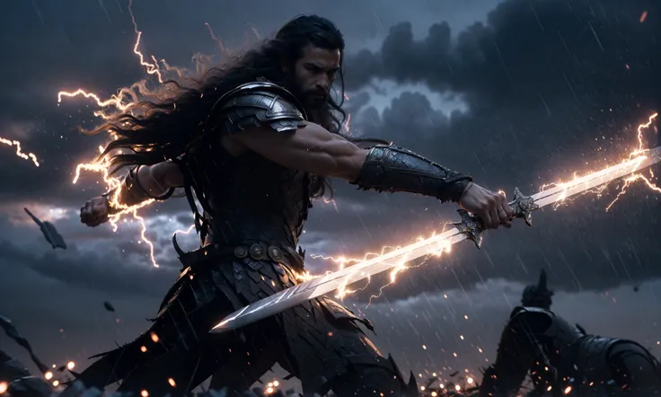 Epic CG masterpiece, "Odin" in battle armor came like a god The dancing long knife, charging forward battlefield, the burst meteor, the fierce battle of fighting with his life, God Odin raised his spear and looked down on all living beings in a rainy night, graphic tension, dynamic poses, stunning colors, 3D rendering, surrealism, cinematic lighting effects, realism, 00 renderer, super realistic, 8k, HD,
Light and dark contrast, high contrast
<lora:~Q?-YeN Odin:0.8>