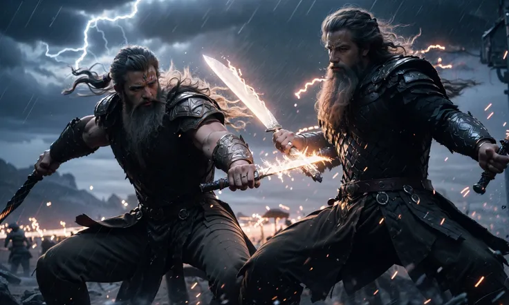 Epic CG masterpiece, "Odin" in battle armor came like a god The dancing long knife, charging forward battlefield, the burst meteor, the fierce battle of fighting with his life, God Odin raised his spear and looked down on all living beings in a rainy night, graphic tension, dynamic poses, stunning colors, 3D rendering, surrealism, cinematic lighting effects, realism, 00 renderer, super realistic, 8k, HD,
Light and dark contrast, high contrast
<lora:~Q?-YeN Odin:0.8>