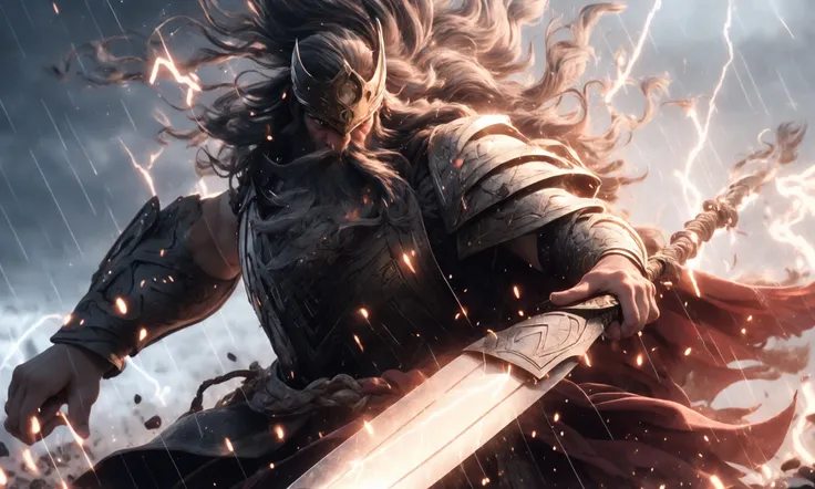 Epic CG masterpiece, "Odin" in battle armor came like a god The dancing long knife, charging forward battlefield, the burst meteor, the fierce battle of fighting with his life, God Odin raised his spear and looked down on all living beings in a rainy night, graphic tension, dynamic poses, stunning colors, 3D rendering, surrealism, cinematic lighting effects, realism, 00 renderer, super realistic, 8k, HD,
Light and dark contrast, high contrast
<lora:~Q?-YeN Odin:0.8>