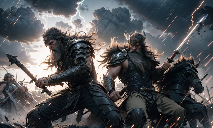 Epic CG masterpiece, "Odin" in battle armor came like a god The dancing long knife, charging forward battlefield, the burst meteor, the fierce battle of fighting with his life, God Odin raised his spear and looked down on all living beings in a rainy night, graphic tension, dynamic poses, stunning colors, 3D rendering, surrealism, cinematic lighting effects, realism, 00 renderer, super realistic, 8k, HD,
Light and dark contrast, high contrast
<lora:~Q?-YeN Odin:0.8>