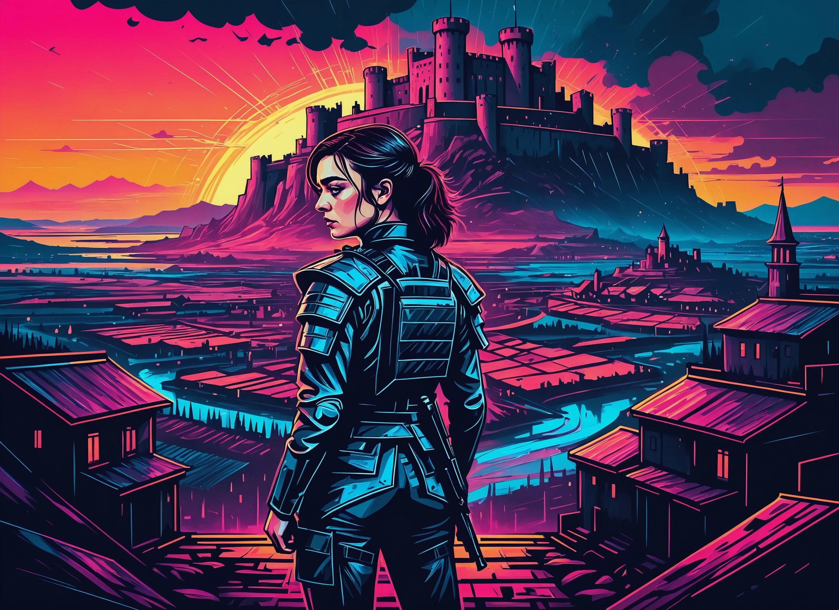 (Maisie Williams), nighttime, cyberpunk city, dark, raining, neon lights , (<lora:LazrPopXL:0.5> DonML4zrP0pXL,<lora:Cyber_Background_sdxl:0.5>), cyberpunk, synthwave, 1980s, futurism, brutalism, neuromancer, cinematic photo in a closet, Radial balance, Sunrise, Water, Ellipse, ultra detailed, intricate,,Amid the ruins of a once-majestic fortress, a soldier pauses, her silhouette ghostly against the backdrop of shifting terrains that oscillate between detailed battle maps and molten landscapes, Tornado, Barren trees, Menacing,,Background is stunning 17th century european village scenery, detailed and intricate environment, oil painting, palette knife soft brushstrokes, heavy strokes, dripping paint, art station on trend, sharp focus, intricate details, highly detailed