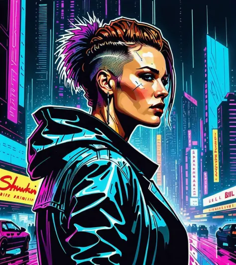 (Jennifer Garner,a girl with a beautiful face), nighttime, cyberpunk city, dark, raining, neon lights, ((Wearing a blazer over a hoodie)), blazer, hoodie,(cyberpunk 2077 cityscape), (<lora:LazrPopXL:0.5> DonML4zrP0pXL,<lora:John Berkey Style:0.5> John Berkey Style ), cyberpunk 2077, cyberpunk, synthwave, 1980s, futurism, brutalism, neuromancer, cinematic photo, art by enki bilal, art by philippe druillet, art by moebius, inspired by french comics art,detailed hair, mohawk, brown hair,art by Jakub Rozalski, 1920+ Poland