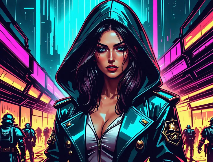 (a girl with a beautiful face), nighttime, cyberpunk city, dark, raining, neon lights ((,Wearing a blazer over a hoodie)), blazer, hoodie, (<lora:Ben Aronson Style:0.5> Ben Aronson Style ,<lora:LazrPopXL:0.5> DonML4zrP0pXL), cyberpunk, synthwave, 1980s, futurism, brutalism, neuromancer, cinematic photo in a shack, dynamic pose, cinematic shot,,leading a horde army, thousands of warriors, futuristic attire, future soldier, in wh40k, Warhammer 40,000, death korps of krieg, dkok, astra militarum, space marines, epic battle, only war, wearing huge pauldrons, WWI, trenches, dirt, battle