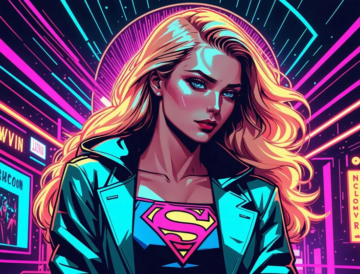 (a girl with a beautiful face), nighttime, cyberpunk city, dark, raining, neon lights ((,Wearing a blazer over a hoodie)), blazer, hoodie, (<lora:cybergraphic_sdxl:0.5>,<lora:LazrPopXL:0.5> DonML4zrP0pXL), cyberpunk, synthwave, 1980s, futurism, brutalism, neuromancer, cinematic photo in a circus, Pastels, Chiaroscuro,Power girl, supergirl, blonde,intimate close eye contact, intense detailed eyes,