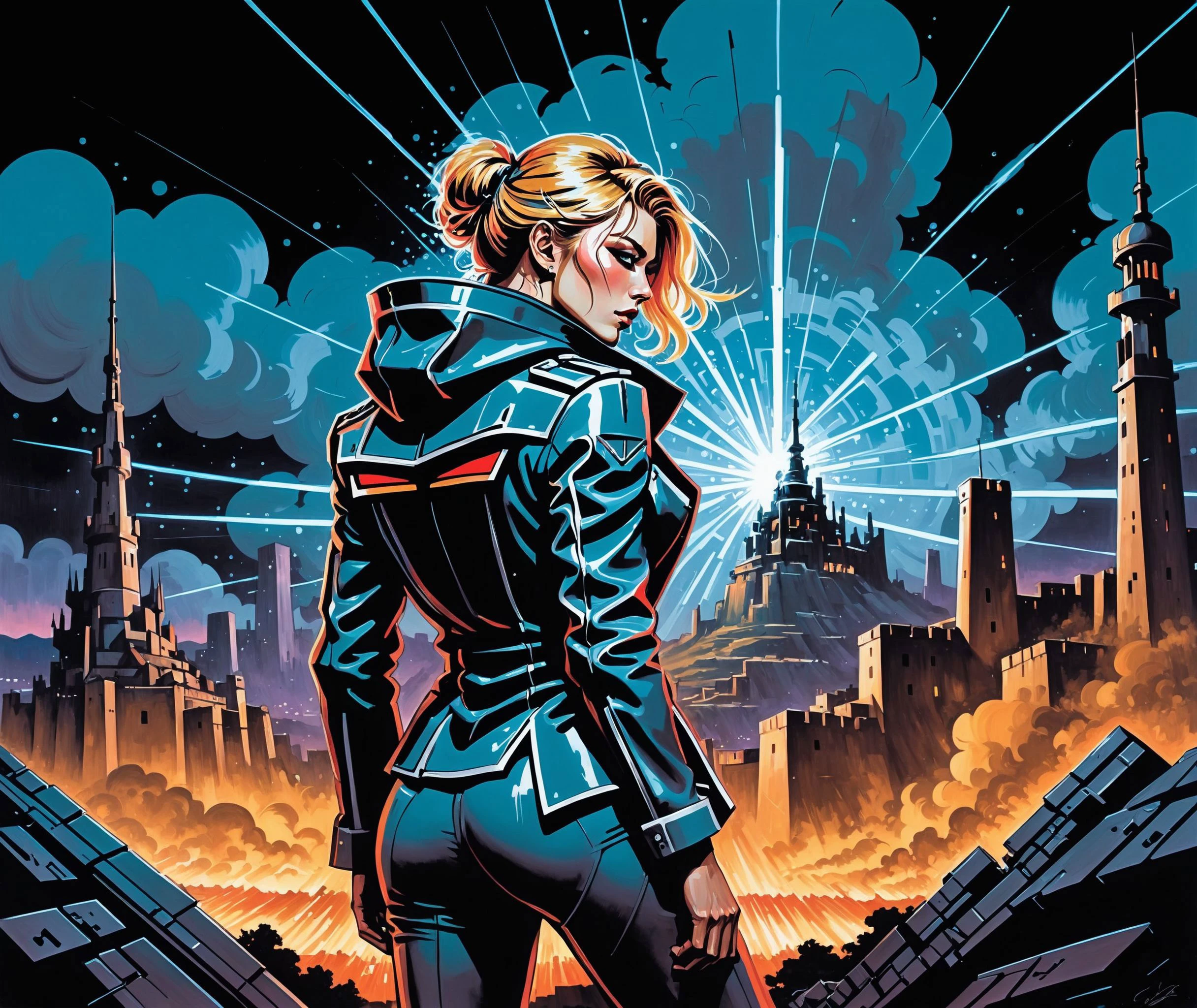 (Dolph Ludgren), nighttime, cyberpunk city, dark, raining, neon lights ((,Wearing a blazer over a hoodie)), blazer, hoodie, (<lora:sdxl_loha_RX78_v2:0.5> gundam\(rx78\), mobile suit, mecha armor, body suit ,<lora:LazrPopXL:0.5> DonML4zrP0pXL), cyberpunk, synthwave, 1980s, futurism, brutalism, neuromancer, cinematic photo, in a living room,, art by Agnes Cecile,Background is stunning 17th century european village scenery, detailed and intricate environment, oil painting, palette knife soft brushstrokes, heavy strokes, dripping paint, art station on trend, sharp focus, intricate details, highly detailed,Amid the ruins of a once-majestic fortress, a soldier pauses, her silhouette ghostly against the backdrop of shifting terrains that oscillate between detailed battle maps and molten landscapes, Tornado, Barren trees, Menacing,,((art by Robert Bechtle)),art by Masamune Shirow, art by J.C. Leyendecker
