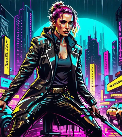 (Amy Adams,a girl with a beautiful face), nighttime, cyberpunk city, dark, raining, neon lights, ((Wearing a blazer over a hoodie)), blazer, hoodie,(cyberpunk 2077 cityscape), (<lora:LazrPopXL:0.5> DonML4zrP0pXL,<lora:DieselPunkAI:0.5> dieselpunkAI ), cyberpunk 2077, cyberpunk, synthwave, 1980s, futurism, brutalism, neuromancer, cinematic photo,, crouching low to strike,,(polo shirt,bone armor)