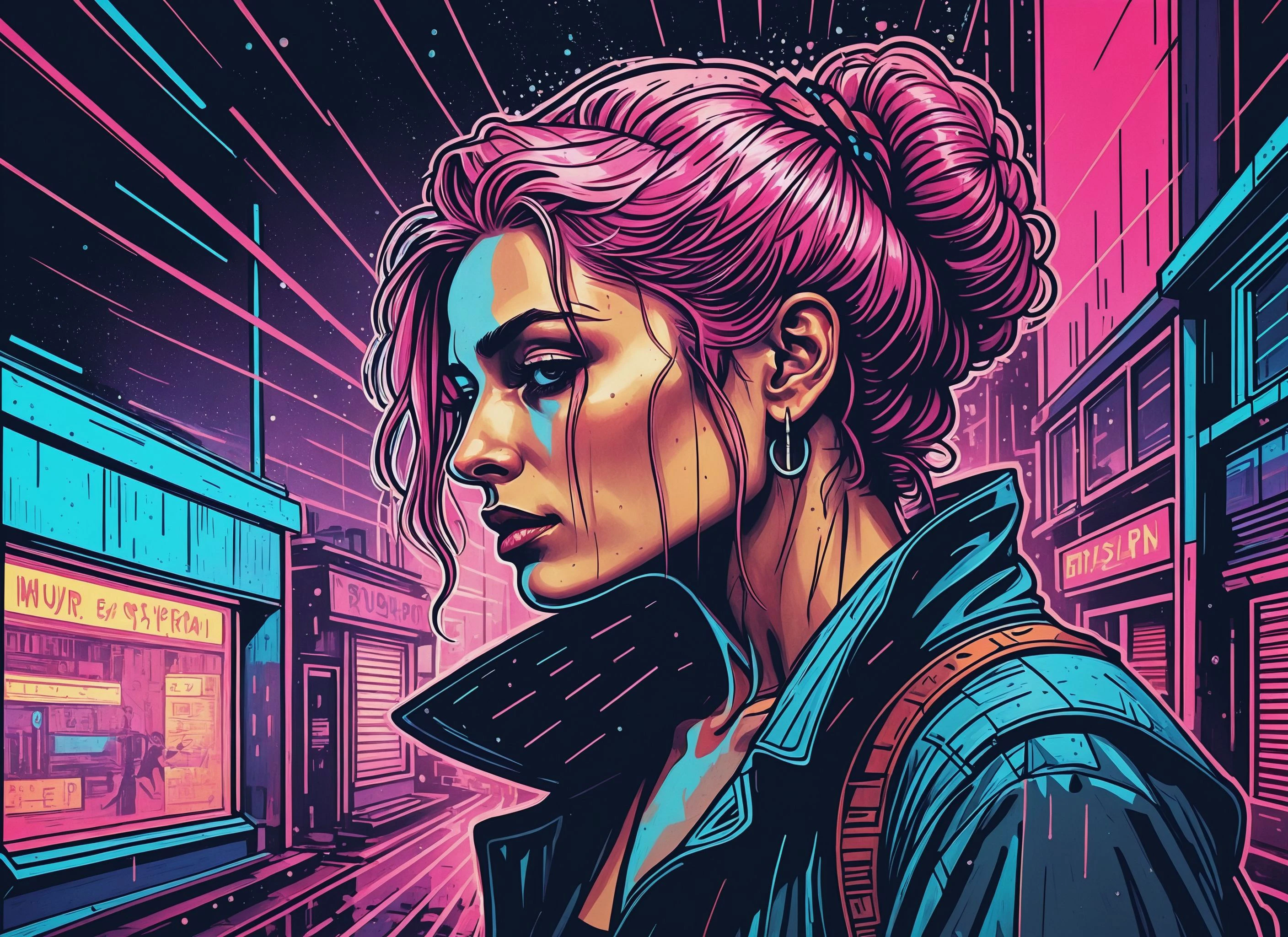 (RACHELE), nighttime, cyberpunk city, dark, raining, neon lights , (<lora:LazrPopXL:0.5> DonML4zrP0pXL,<lora:PostApocalypticXL_v1:0.5> SZ_4poXL enviroment), cyberpunk, synthwave, 1980s, futurism, brutalism, neuromancer, cinematic photo in Cambridge, art by enki bilal, art by philippe druillet, art by moebius, inspired by french comics art,huddled with peasants,detailed hair, very short hair, pink hair,analog, the contrast in colors and textures should be distinct highly detailed, surreal, vibrant yet slightly desaturated, faded film, desaturated, 35mm photo, grainy, vignette, vintage, Kodachrome, Lomography, stained, highly detailed, found footage,art by Agnes Cecile