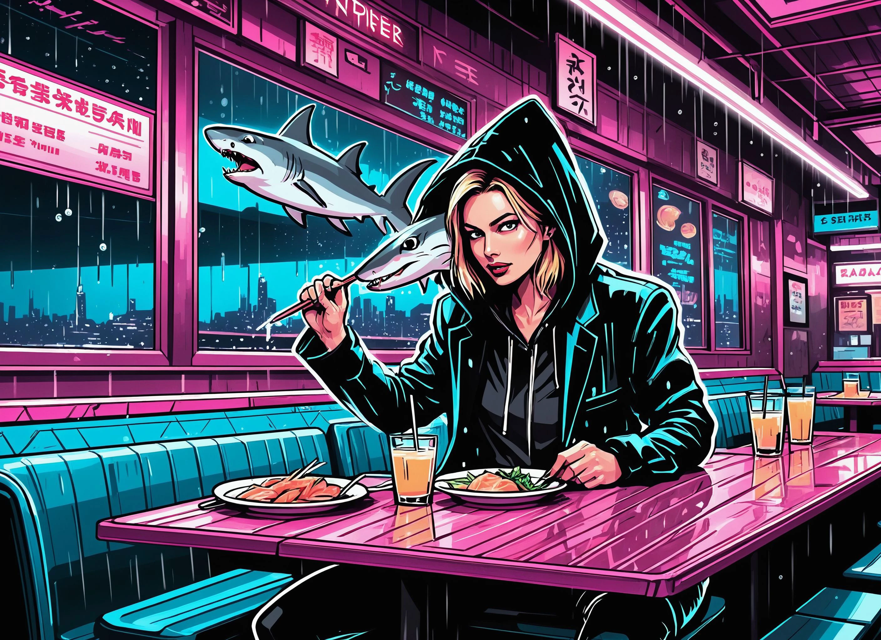 (Sara Foster), nighttime, cyberpunk city, dark, raining, neon lights ((,Wearing a blazer over a hoodie)), blazer, hoodie, (<lora:LazrPopXL:0.5> DonML4zrP0pXL,<lora:itoStyleLycoris:0.5>), cyberpunk, synthwave, 1980s, futurism, brutalism, neuromancer, cinematic photo in a seafood restaurant, crouching low to strike,,((pinkfong shark))