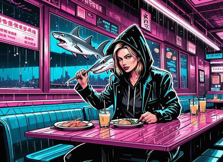 (Sara Foster), nighttime, cyberpunk city, dark, raining, neon lights ((,Wearing a blazer over a hoodie)), blazer, hoodie, (<lora:LazrPopXL:0.5> DonML4zrP0pXL,<lora:itoStyleLycoris:0.5>), cyberpunk, synthwave, 1980s, futurism, brutalism, neuromancer, cinematic photo in a seafood restaurant, crouching low to strike,,((pinkfong  shark))