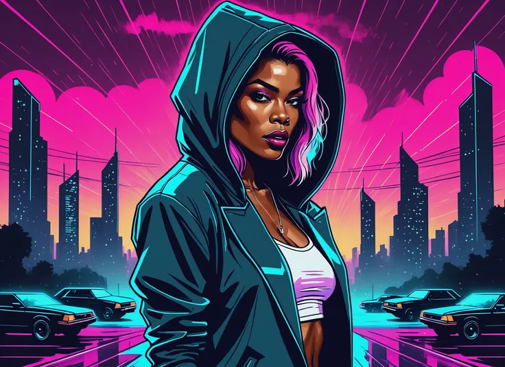 (Teyana Taylor), nighttime, cyberpunk city, dark, raining, neon lights ((,Wearing a blazer over a hoodie)), blazer, hoodie, (<lora:Neon Night:0.5> Neon Night,<lora:LazrPopXL:0.5> DonML4zrP0pXL), cyberpunk, synthwave, 1980s, futurism, brutalism, neuromancer, cinematic photo in a graveyard, art by Antoine Le Nain, art by Antoine Verney-Carron,art by Jakub Rozalski, 1920+ Poland