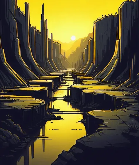 <lora:LazrPopXL:1> DonML4zrP0pXL, black & yellow, industrial, heavy duty, modular, swamp valley surrounded by high rocky cliffs, dawn,