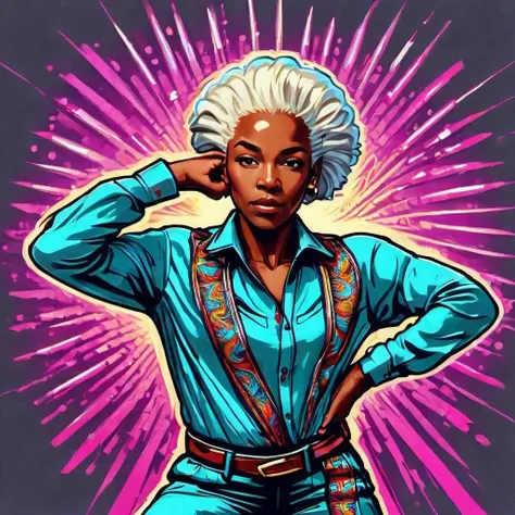 DonML4zrP0pXL female , Senior, Wholesome, Afro-Caribbean, Gray eyes,      Unusual Forehead,  Athletic Triceps, Dimples, Platinum Blonde Top knot hair, Nervousness, Dancing with grace, invoking elemental energies through movement,  wearing Paisley  Herringbone Straight-leg pants,  Button-down shirt, , Feathered headband,  and Glitter (Electric Waterspouts,White Warlock,Bedazzle ,Guipure Lace,Reflective Foil Insulation Diffusion,Unearthly,Illuminating,Transcending,Zenithal Hour Angle,Whipping,Ferromagnetic,Cone,Ellipse  magic:1.0), Symbolic Enchantment, Tracing magical symbols in the air, Elemental Glow, neon lights, vibrant, colorful, laser, <lora:LazrPopXL:1>