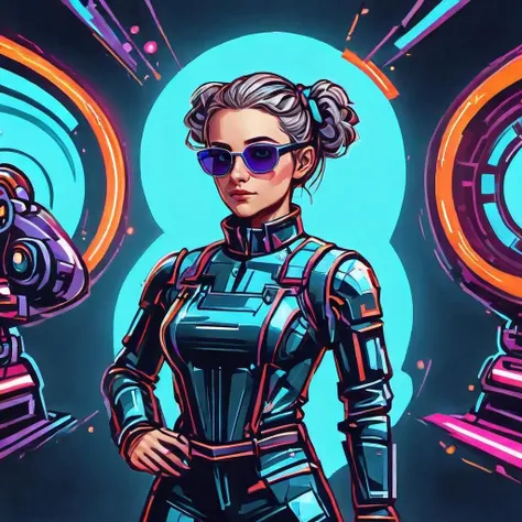 DonML4zrP0pXL female Industrial Robotics Technician, AI Entities, Self-aware Artificial Intelligence with high-level cognitive abilities, Ageless, Well-defined, Russian, Amber eyes,  Short Nose,   Plump Cheeks, Asymmetrical Forehead,  Defined Jawline, , Blue Crown braid hair, Contentment, Stealthy Crouch, Character crouches low, arms outstretched, and eyes alert, adopting a stealthy pose.,  wearing Argyle  SilverGray Plasma Knit Flare Pants, Ruffled Holographic Jogger Pants, Synth-Leather Stiletto Booties, ,  andBionic Sunglasses  andCarbon-fiber Bowtie  and, Unleashing a powerful elemental blast, harnessing the forces of nature, neon lights, vibrant, colorful, laser, <lora:LazrPopXL:1>