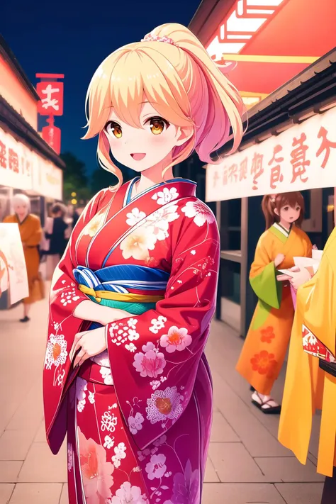 (masterpiece, best quality), highly detailed background, perfect lightingbest quality, ukihashiasuka, solo, outdoors, night, summer festival, blonde hair, ponytail, hair between eyes, medium hair, orange eyes, medium breasts, orange kimono, floral print, japanese clothes, smile, open mouth, :d, pink lips, <lora:Ukihashi-Asuka:0.7>