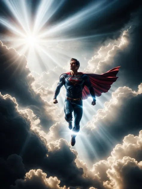 superman flying through dense clouds, light rays, mad-abvthclds <lora:Above_the_Clouds_SDXL:0.6>, raw photo, film grain, Fujifilm XT3, (photorealistic, realistic:1.2), deep shadow,  8k, uhd, dslr, ultra high res