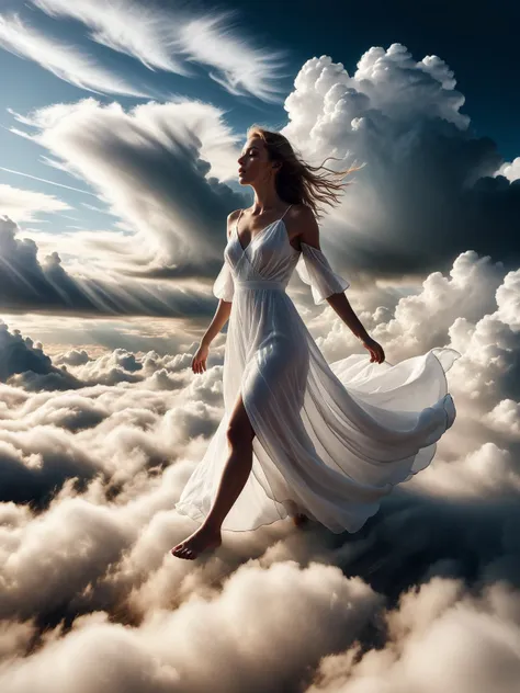 woman wearing a long white dress that floats in the wind mad-abvthclds clouds <lora:Above_the_Clouds_SDXL:0.8>, raw photo, film grain, Fujifilm XT3, (photorealistic, realistic:1.2), deep shadow,  8k, uhd, dslr, ultra high res