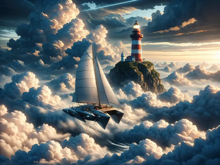 futuristic sailing boat, light house in the distance, dense clouds, mad-abvthclds <lora:Above_the_Clouds_SDXL:0.8>, (masterpiece:1.2), best quality