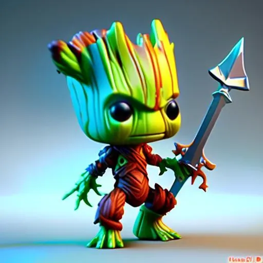 3d render of funko pop baby groot, has a blue sword in his hands, Short, 3D Render, High Quality, 4k, (RFKTR_plastic)