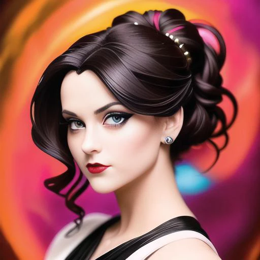 full body portrait of beautiful 35 year old woman, Ethereal and alluring, this portrait of a cute gothic woman captures her dark and mysterious beauty. With her striking black clothes and bold red lips, she exudes an otherworldly elegance. Her eyes, framed by thick black lashes, seem to gaze into the depths of the unknown. The background is filled with cosmic energy, swirling and pulsating with vibrant colors. The painting style is a blend of artgerm, greg rutkowski, and alphonse mucha, with smooth, highly detailed brushstrokes and sharp focus on the subject's beautiful face. This digital painting is a true masterpiece of concept art. (((rendered eyes))), art by (RFKTR_plastic:1.3)