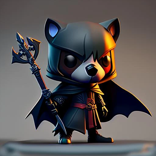 3d render of funko pop of a grey wolf, holding a sickle in each hand, wearing a black cloak, black cape, menacing, Short, 3D Render, High Quality, 4k, subsurface scattering, (RFKTR_plastic)