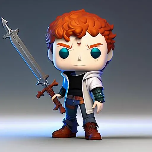 3d render of funko pop teenage boy with ginger hair wearing a black hoodie which has a white sleeves & hood, also wearing dark grey cargo pants, has a blue sword in his hands, Short, 3D Render, High Quality, 4k, (RFKTR_plastic)